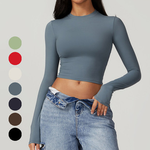 瑜伽服普拉提跑步打底健身上衣 辣妹磨毛紧身运动T恤女速干长袖