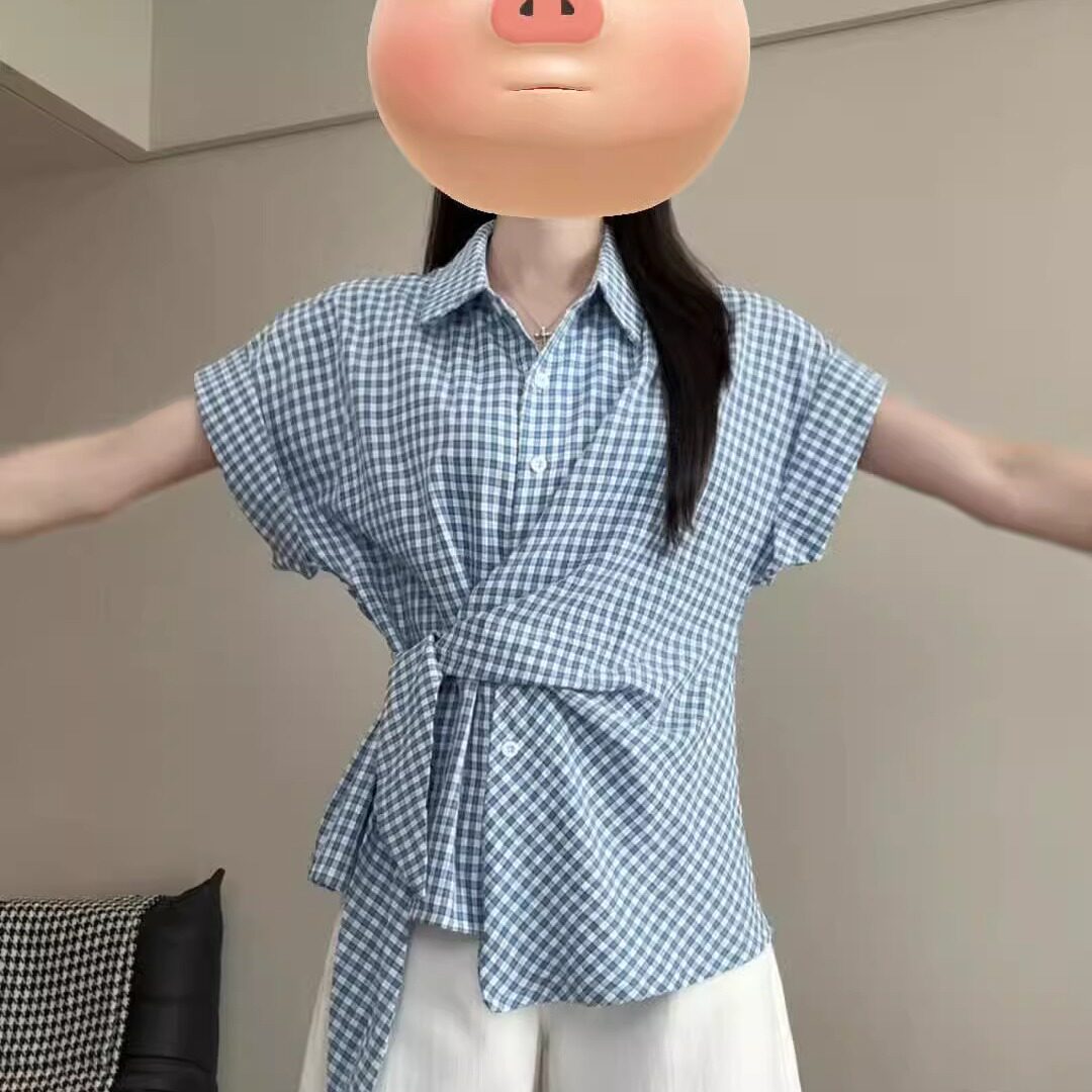 韩系蓝色格子蝴蝶结绑带p