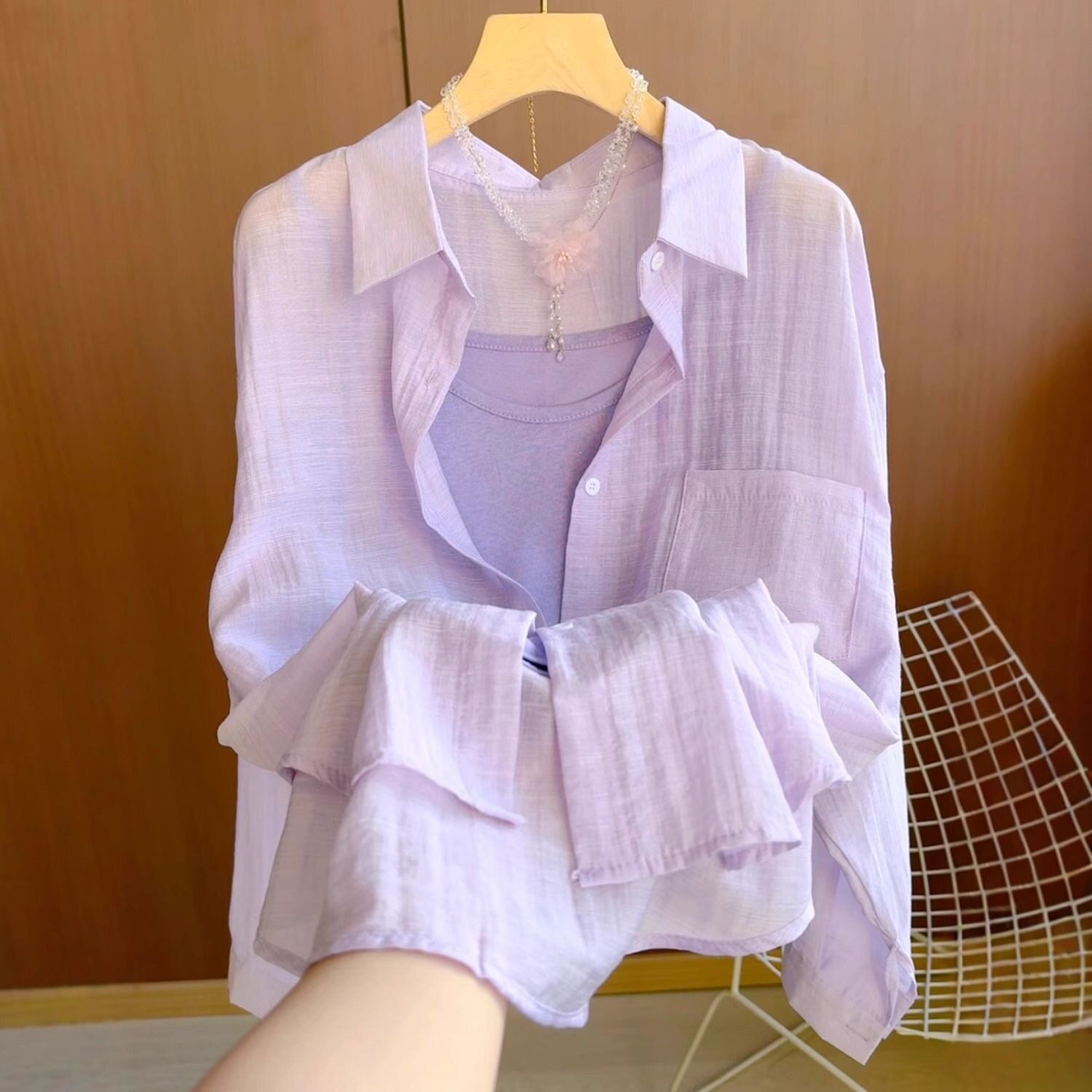 紫色Polo领防晒衬衫女上