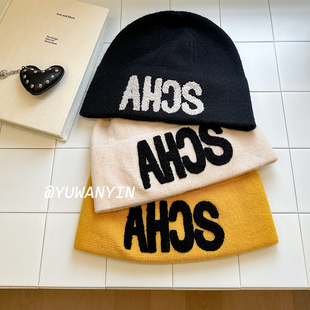 韩版小香风格刺绣字母堆堆帽秋冬大头围百搭冷帽保暖套头毛线帽