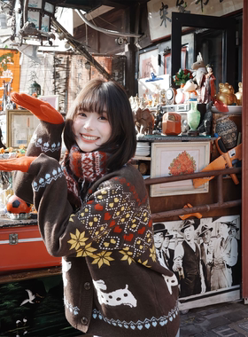 费尔岛氛围感提花红色针织围巾女秋冬复古旅行防寒保暖加厚围脖