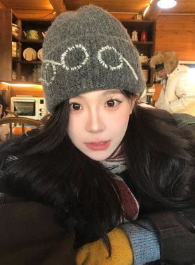 韩版毛线帽大头围针织帽户外冬季女款灰色冷帽显脸小保暖护耳帽子