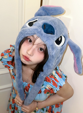 迪士尼正版可爱蓝色史迪奇帽子女冬季毛绒加厚雷锋帽保暖套头帽