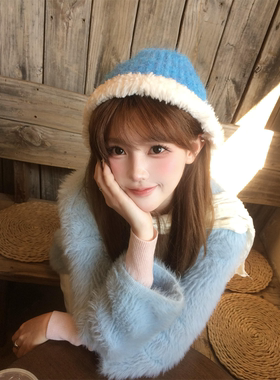 韩系毛绒蓝色针织帽女款秋冬百搭保暖护耳显脸小百搭大头围渔夫帽