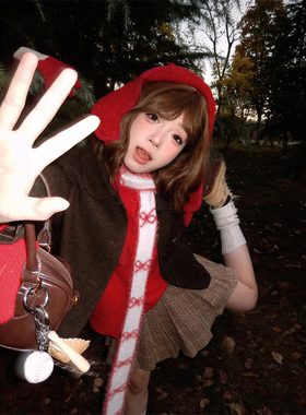 红色氛围感甜美蝴蝶结长条细围巾女秋冬小众撞色双面保暖毛绒围脖