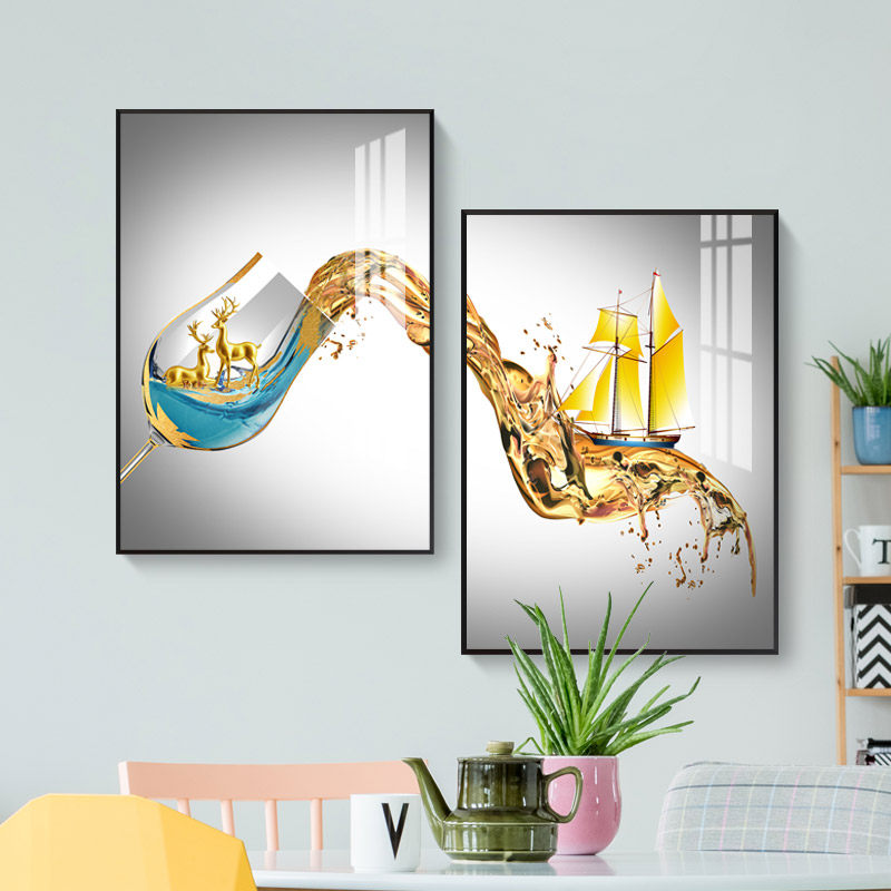 餐厅装饰画现代简约创意饭厅挂画酒杯壁画新中式墙画北欧晶瓷画