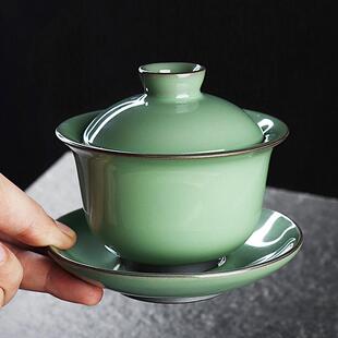 简约大容量泡茶碗敬茶碗 凝香阁 铁胎梅子青官窑元 宝盖碗 高档中式