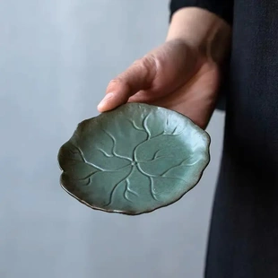 暖小瓷青野柴窑荷叶杯垫壶垫隔热垫茶叶茶托手工立体雕刻杯托陶瓷