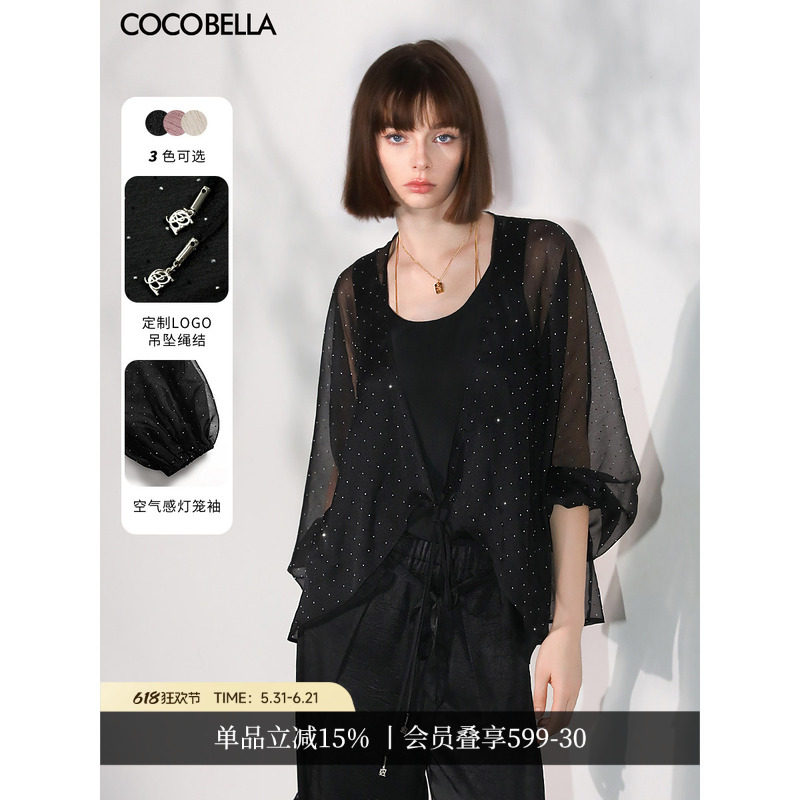 COCOBELLA璀璨星河手工烫钻女微透视蝙蝠袖雪纺衫开衫SN7001