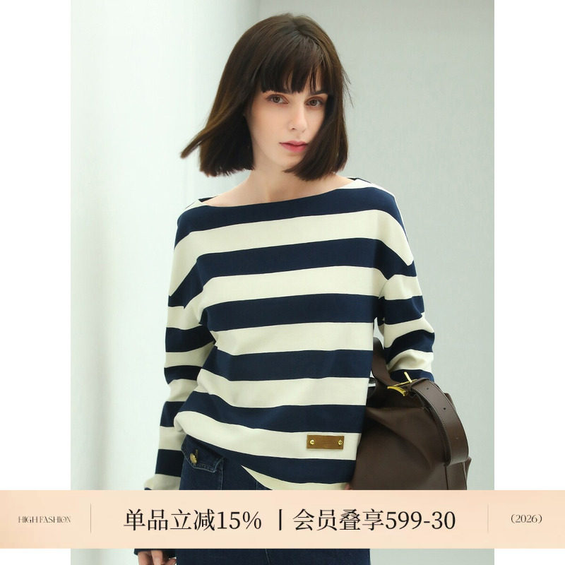 COCOBELLA奥莱蓝白条纹一字领针织T恤女秋宽松百搭长袖休闲上衣图片
