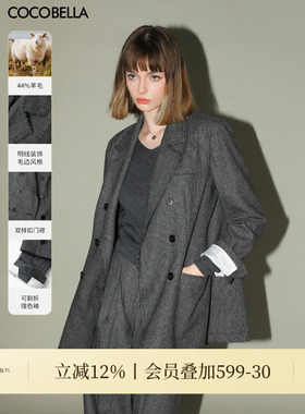 COCOBELLA格雷系穿搭明线千鸟格羊毛西装外套女通勤西服SI3018