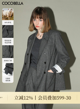 COCOBELLA格雷系穿搭明线千鸟格羊毛西装外套女通勤西服SI3018