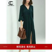 清仓 断码 COCOBELLA肌理质感V领连衣裙女气质优雅大摆长裙FR109