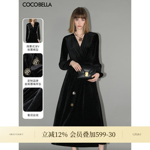COCOBELLA赫本风光泽丝绒小黑裙气质连衣裙长裙FR198 底价清仓