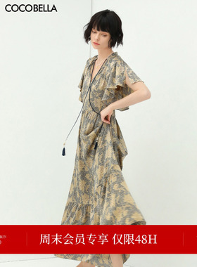 COCOBELLA缎面印花连衣裙优雅荷叶边茶歇裙度假沙滩长裙FR562