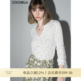 NLC55 针织衫 COCOBELLA优雅微透视镂空蕾丝衬衫 女深V领长袖