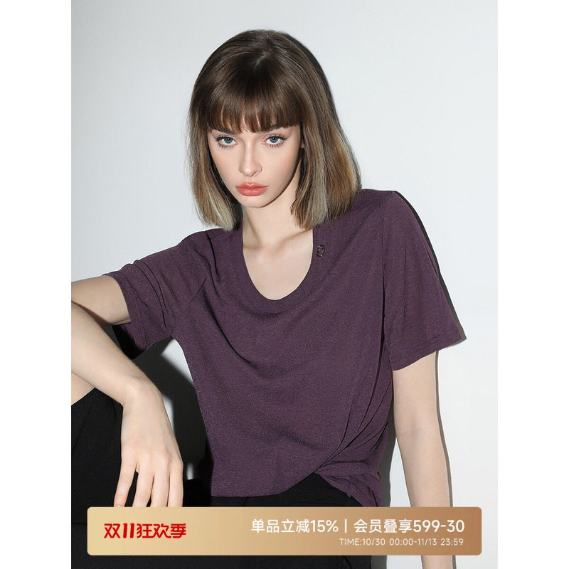 COCOBELLA奥莱金属LOGO垂坠舒适短袖针织衫春夏宽松休闲圆领T恤