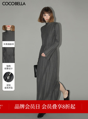 COCOBELLA赫本风压褶连衣裙女半高领抽绳长袖优雅显瘦长裙FR3015