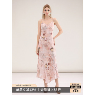 COCOBELLA设计感印花缎面吊带裙女度假风粉色连衣裙长裙FR7037