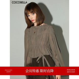 COCOBELLA名媛风手工压褶木耳边雪纺衬衫气质通勤飘带衬衣SR7062