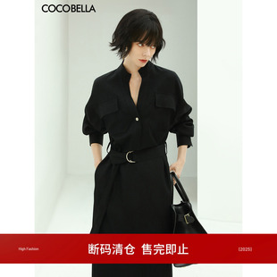 COCOBELLA赫本风气质立领黑色连衣裙秋重工通勤OL优雅衬衫裙FR147