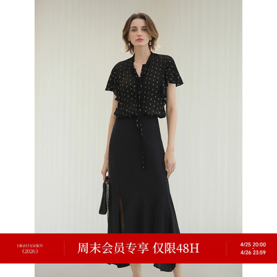 COCOBELLA静奢风亮丝提花波点衬衫夏丝滑荷叶边飘带领衬衣SR3213