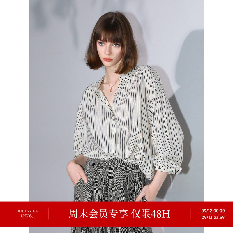 COCOBELLA奥莱设计感小立领条纹衬衫外套女26秋棉麻风休闲衬衣图片