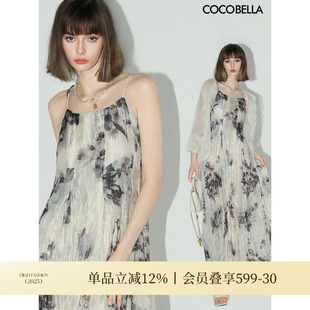 COCOBELLA国风雪纺压褶印花吊带裙飘逸大摆连衣裙FR182 直降 爆款