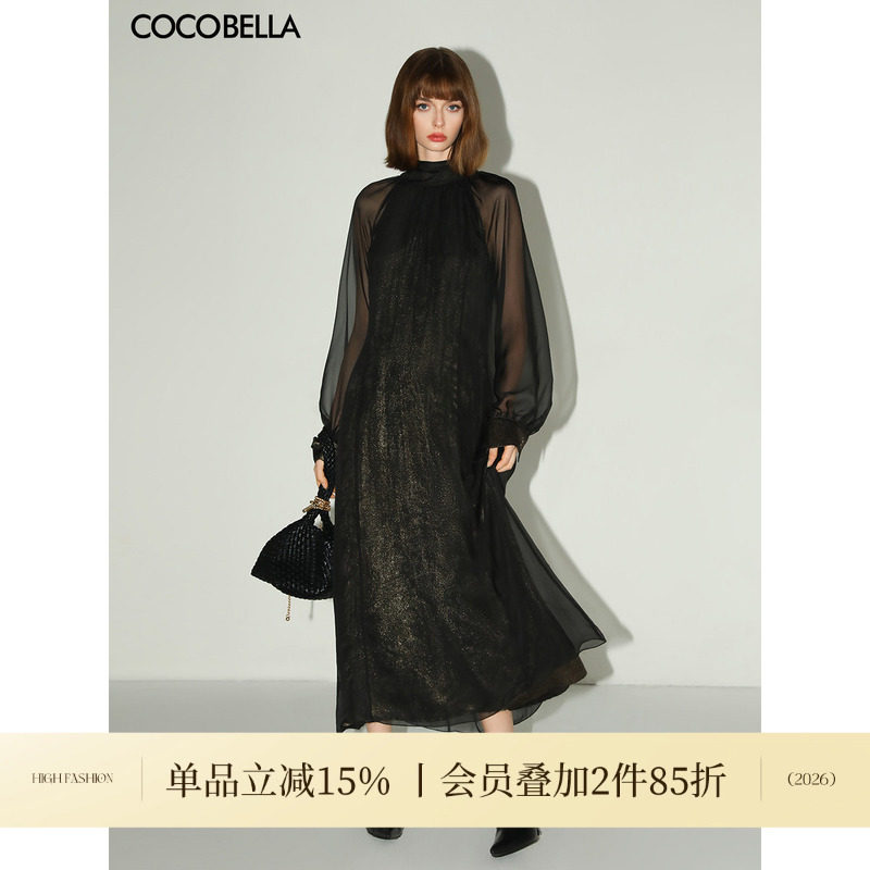 COCOBELLA赫本风优雅气质小黑裙女半高领假两件长袖连衣裙FR0053