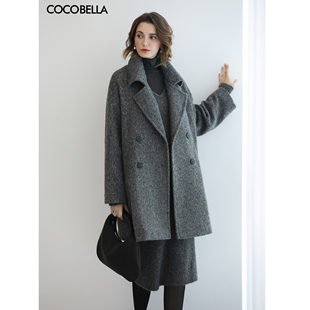 COCOBELLA灰色大翻领毛呢大衣女25新款 秋冬长毛绒呢子外套WL910A