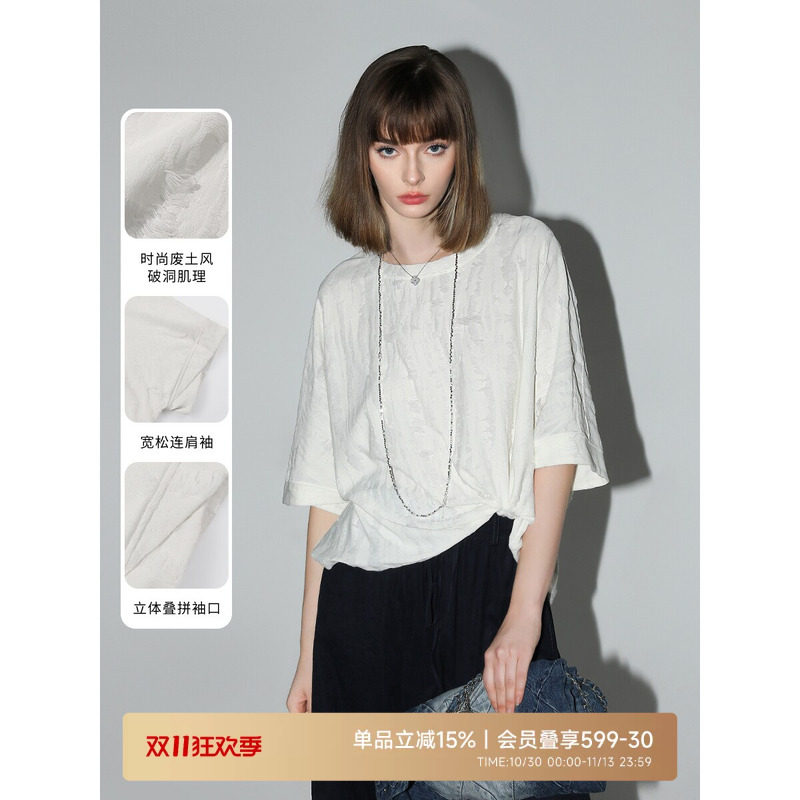 COCOBELLA奥莱设计师款提花破洞短袖T恤女宽松休闲白色圆领上衣