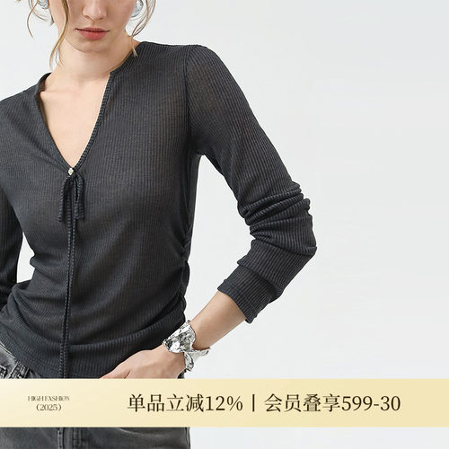 COCOBELLA亲肤微透视抽褶针织衫早秋飘带装饰V领打底衫MZ3191