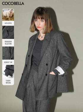 COCOBELLA格雷系穿搭明线千鸟格羊毛西装外套女通勤西服SI3018