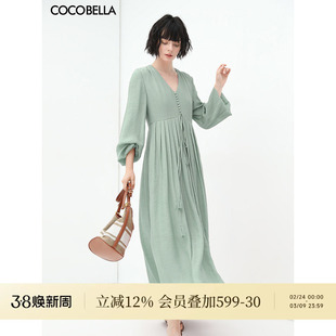 [断码清仓]COCOBELLA法式优雅大摆V领连衣裙度假沙滩长裙NFR16