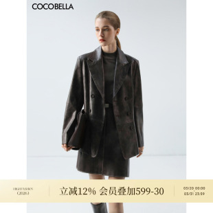 COCOBELLA复古双排扣PU西装 环保皮衣夹克外套PU3099 手工擦色时尚