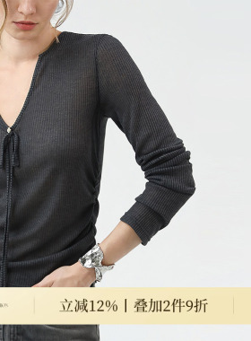 COCOBELLA亲肤微透视抽褶针织衫女飘带装饰V领内搭打底衫MZ3191