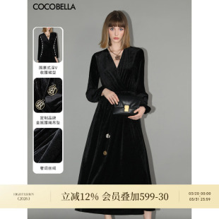 COCOBELLA赫本风光泽丝绒小黑裙气质连衣裙礼服裙FR198 底价清仓
