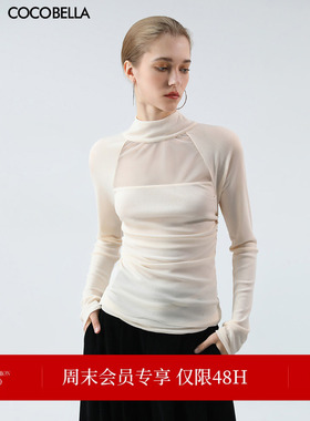 COCOBELLA设计感网纱拼接微透视薄纱打底衫半高领气质上衣TS3028