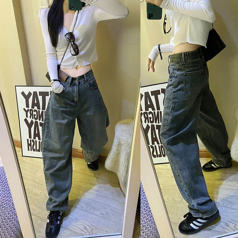 欧版宽松牛仔裤女春秋2025年新款高腰大码哈伦跨裤直筒裤老爹裤子