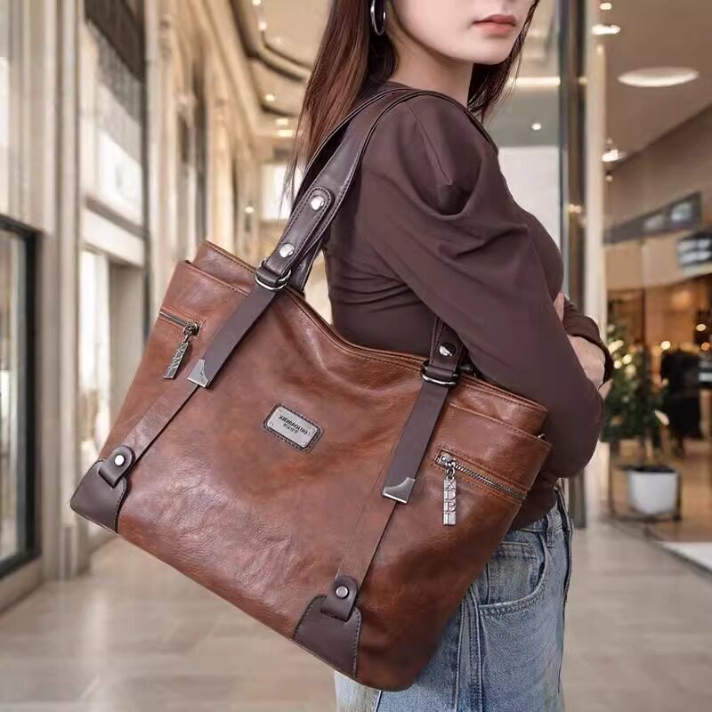 2025欧美复古风托特包女大容量真皮单肩斜挎手提包通勤真牛皮大包