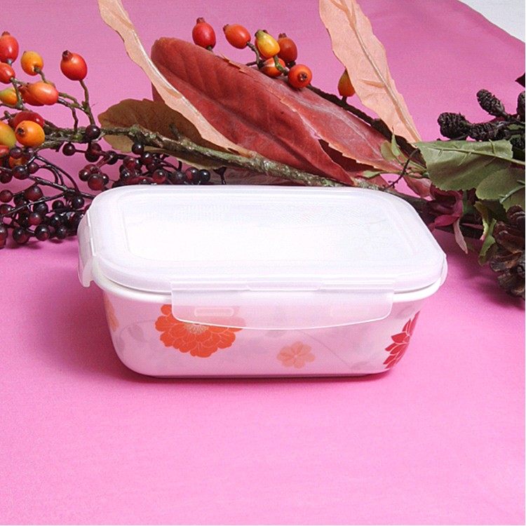 韩国进口zen&lock 600ML长方形茶花陶瓷密封保鲜碗保鲜盒饭盒