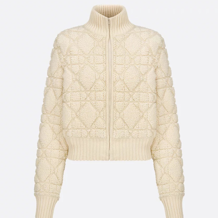 Lindee高定 2025秋冬新款小香风菱格提花拉链羊毛针织开衫外套女