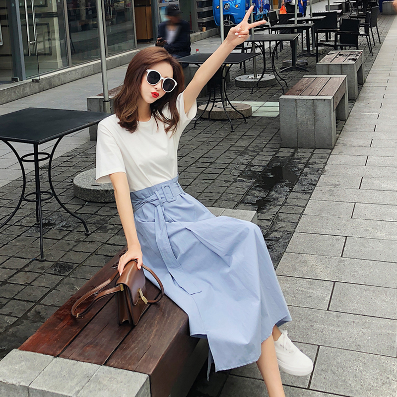 ins连衣裙女夏上衣T恤不规则假两件半身裙imiss裙超仙及脚踝长裙