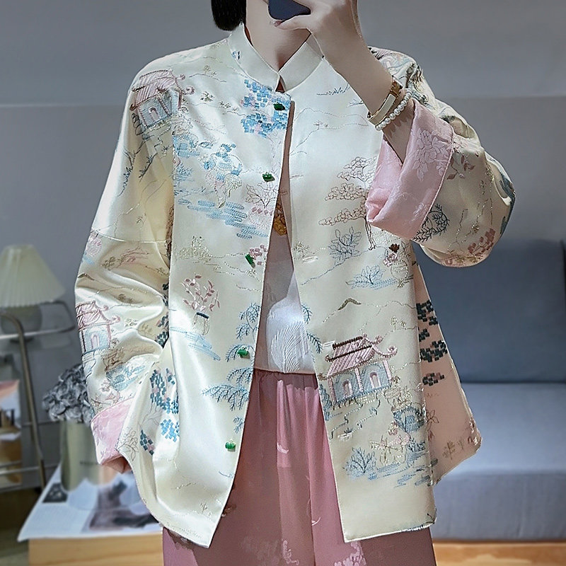 高级感复古时尚立领国风上衣女2024春款两面穿醋酸刺绣新中式外套
