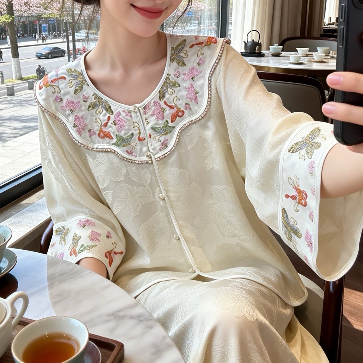 国风改良唐装七分袖衬衫女新中式圆领对襟刺绣减龄宽松气质上衣