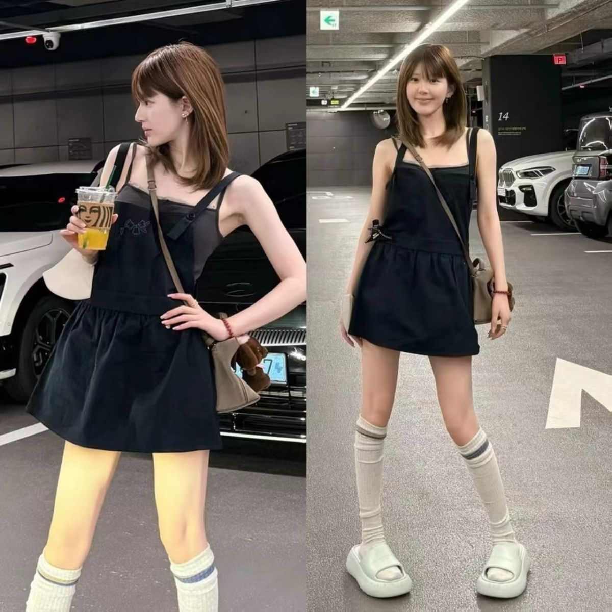 赵露思明星同款学院风吊带连衣裙女藏青色绣花慵懒风显瘦背带裙子
