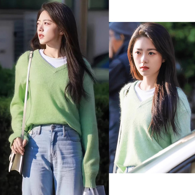 赵今麦明星同款绿色针织衫女骄阳似我聂曦光内搭v领慵懒风毛衣潮