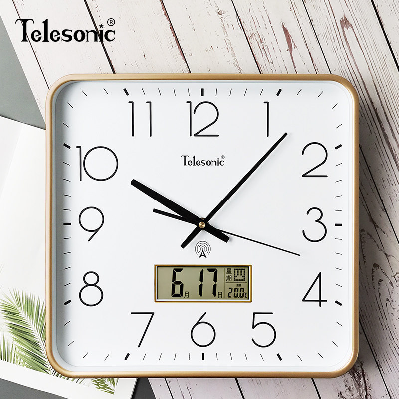 telesonic/天王星方形日历电波钟客厅挂钟居家时钟表静音卧室壁钟