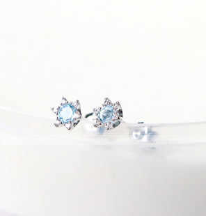 14k白金 清新百搭 防过敏 天然海蓝宝纯银耳饰 意大利复古耳钉