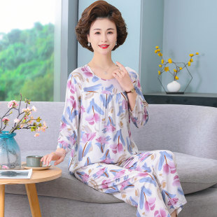中老年睡衣女夏季老人绵绸长袖家居服人造棉两件套妈妈棉绸套装薄